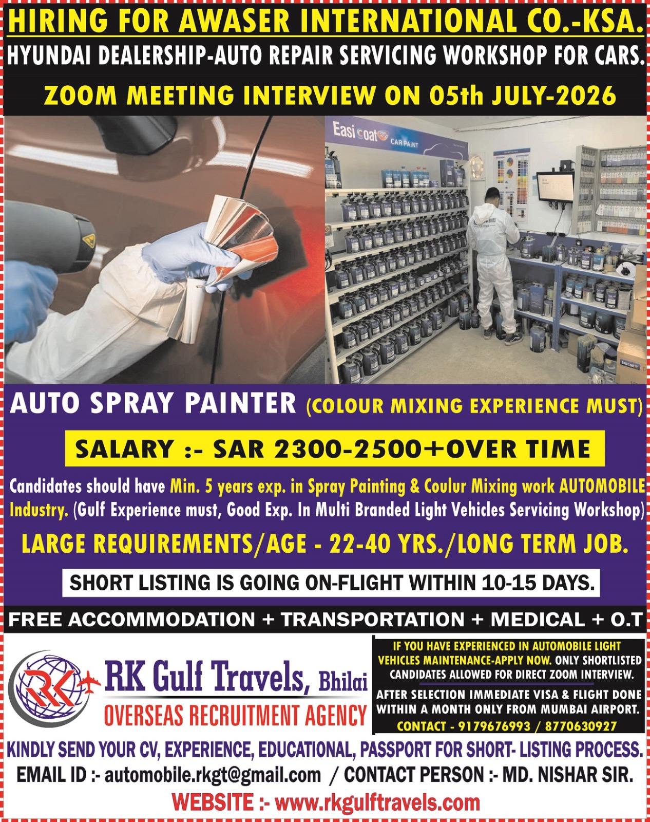 AUTO SPRAY PAINTER - COLOUR MIXING EXPERIENCE MUST — RK GULF TRAVELS,BHILAI, SAUDI ARABIA, SAUDI ARABIA