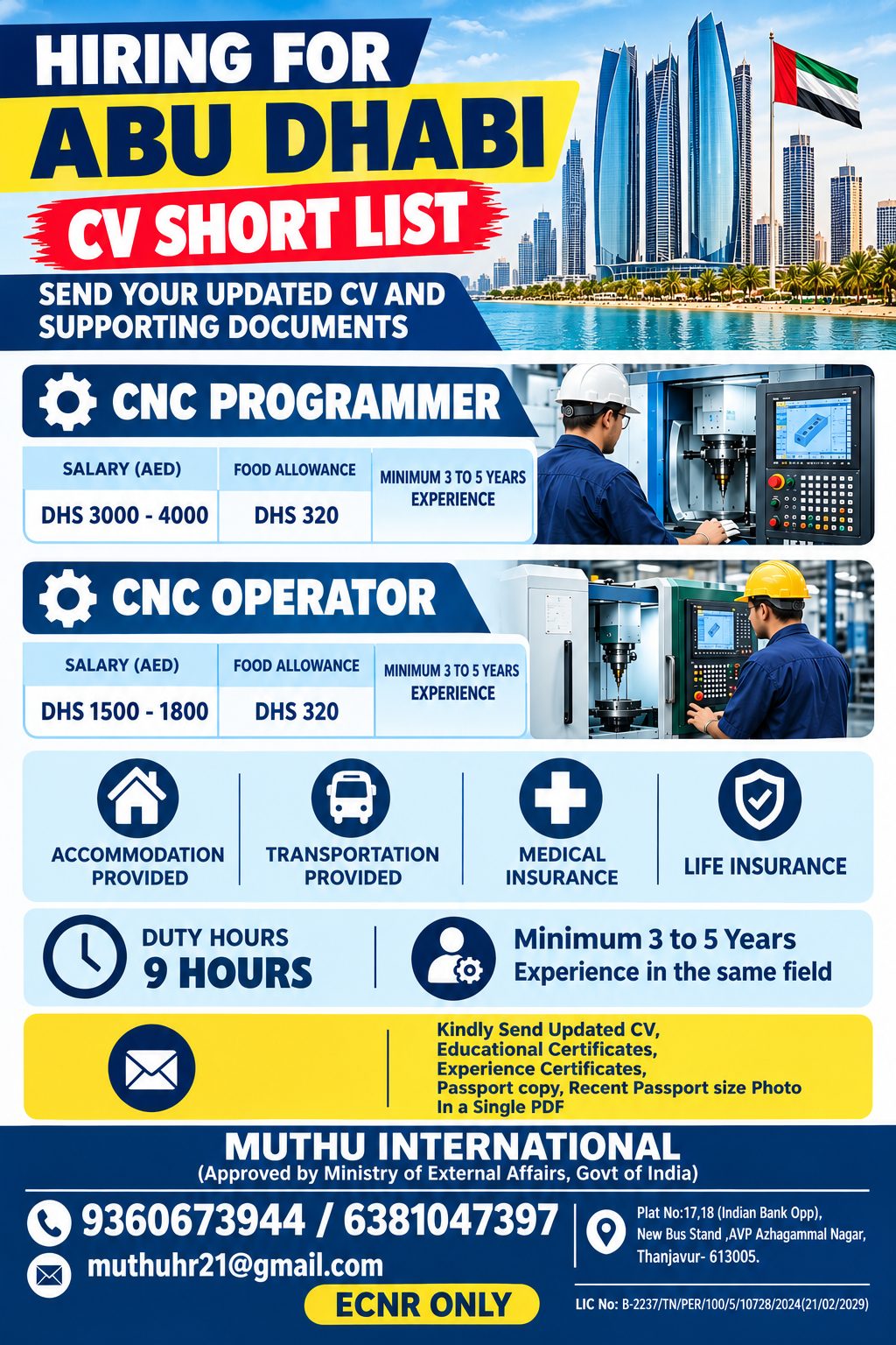 CNC Programmer & CNC Operator — MUTHU INTERNATIONAL, United Arab Emirates