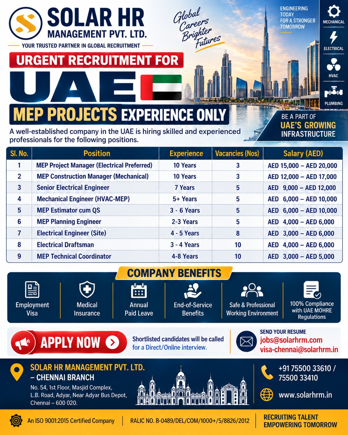 Urgent Recruitment for UAE - MEP Projects — SOLAR H.R. MANAGEMENT PVT. LTD, United Arab Emirates