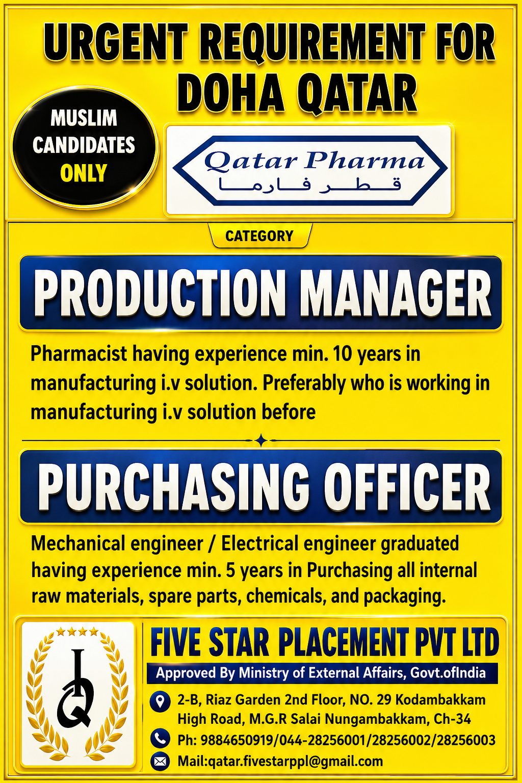 URGENT REQUIREMENT IN PHARAMA COMPANY FOR  DOHA QATAR — Five Star Placement Pvt Ltd, DOHA QATAR, DOHA QATAR