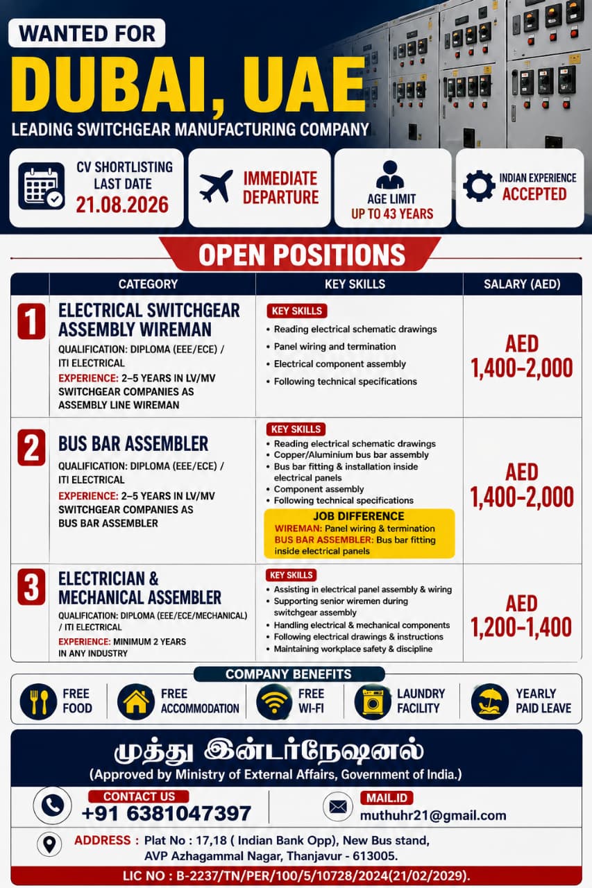 Switchgear Manufacturing Position Dubai