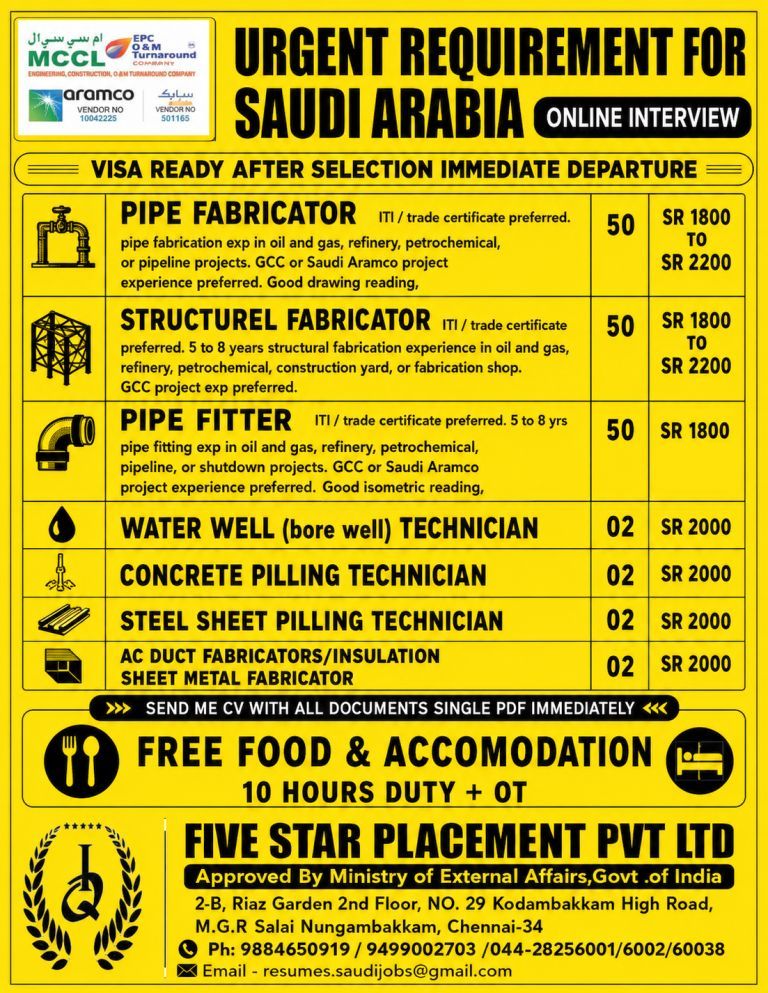 URGENT RECRUITMENT FOR SAUDI ARABIA - MCCL — Five Star Placement Pvt Ltd, SAUDI ARABIA, SAUDI ARABIA