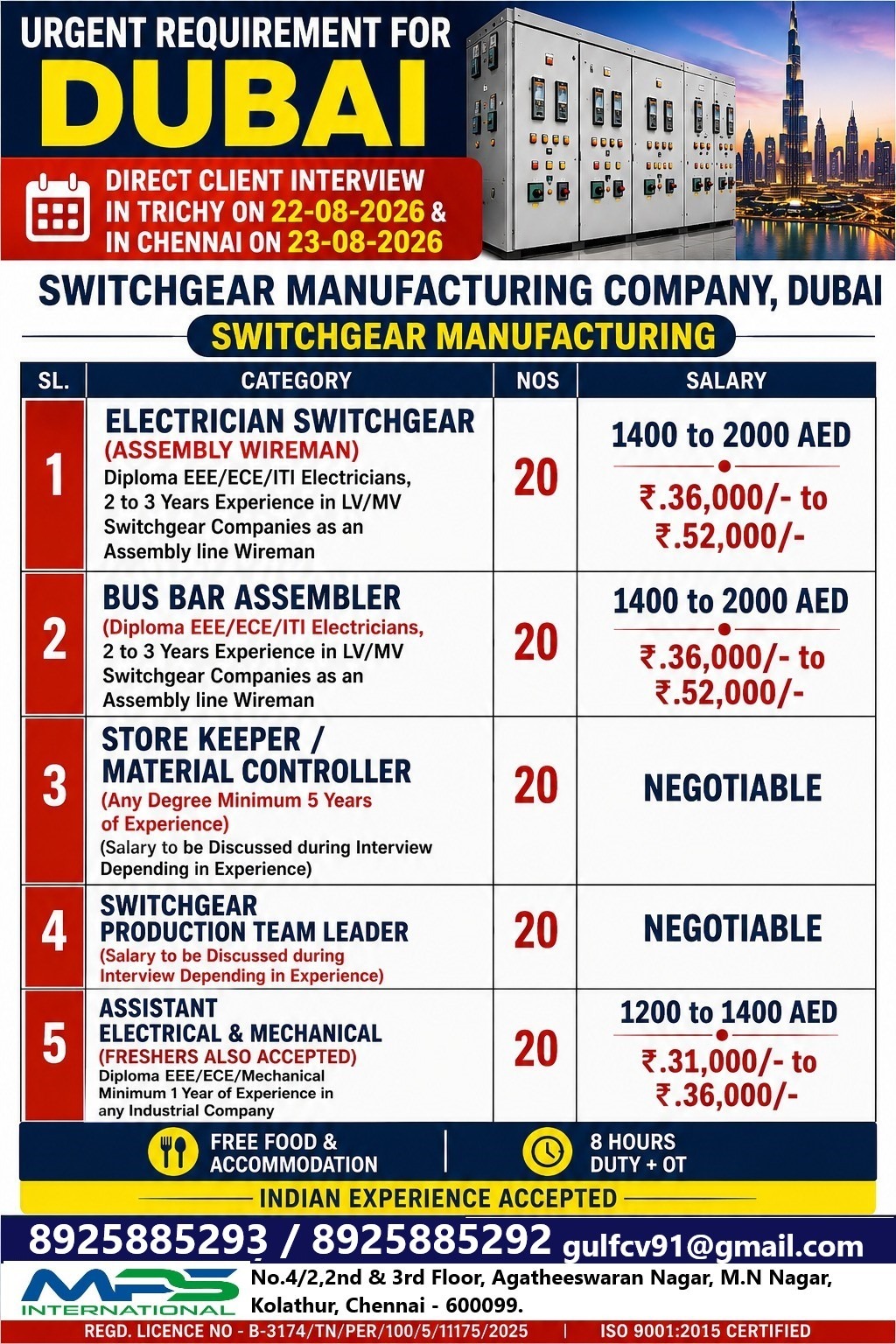 Urgent Requirement for Dubai - Switchgear Manufacturing Company