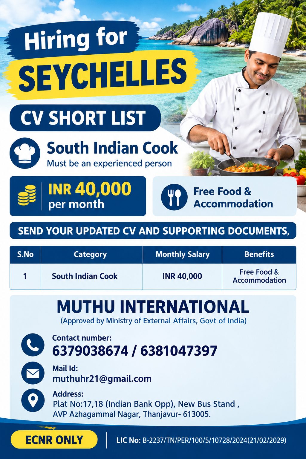 South Indian Cook - Hiring for Seychelles — MUTHU INTERNATIONAL, Seychelles, Seychelles