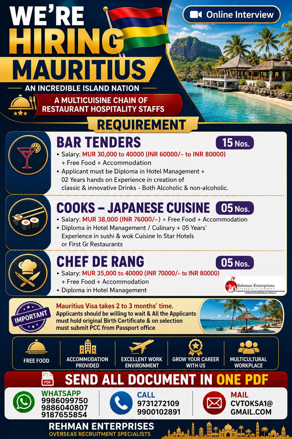 Restaurant Hospitality Staff - Mauritius — Rehman Enterprises, Mauritius, Mauritius