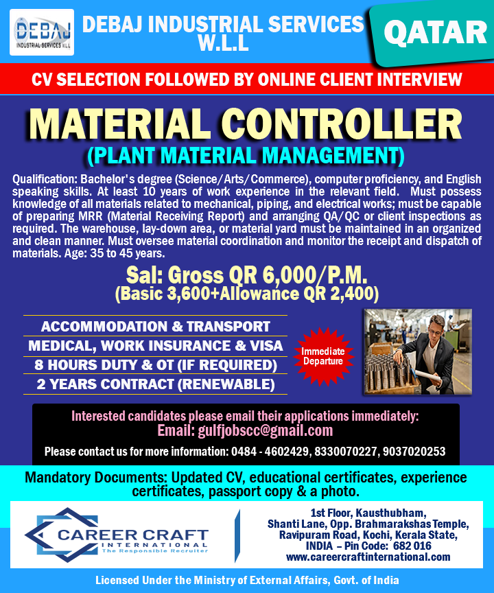 Urgent requirement of Material Controller for Qatar -