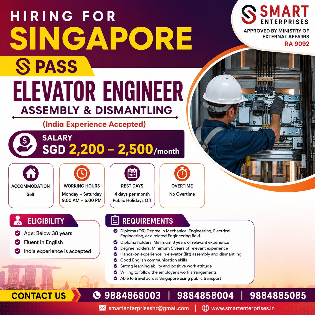 Elevator Engineer (Assembly & Dismantling) — smartenterpriseshr@gmail.com, SINGAPORE, SINGAPORE