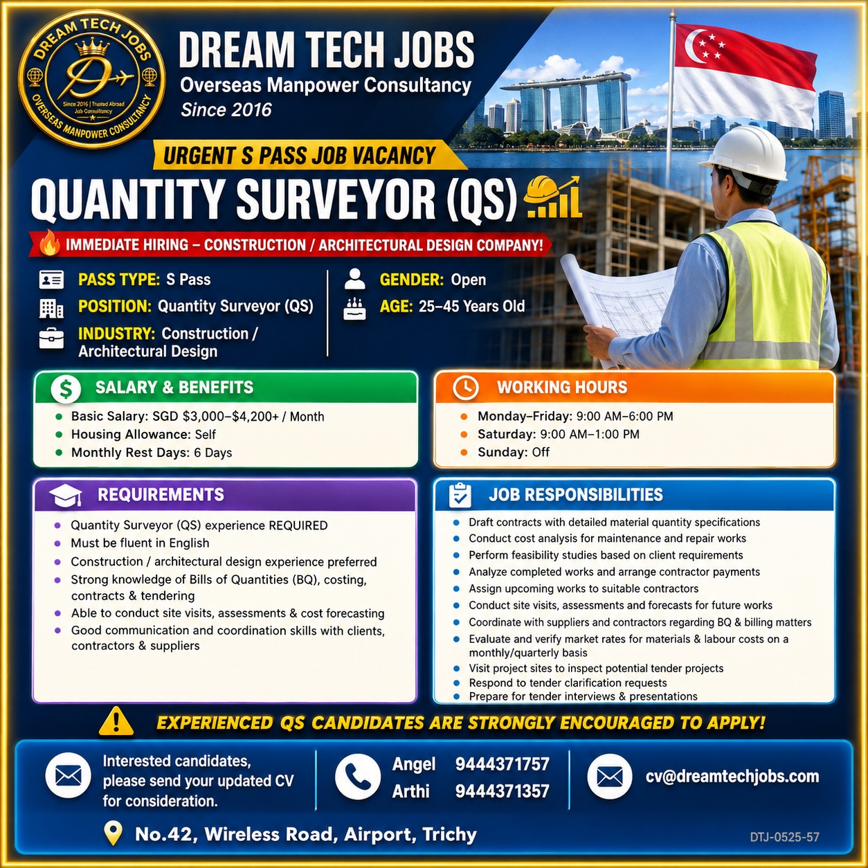 Quantity Surveyor (QS) — DREAM TECH JOBS -TRICHY, Singapore, Singapore