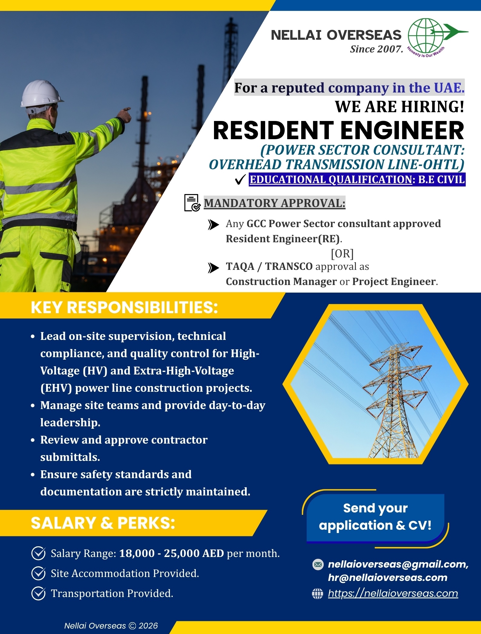 Resident Engineer (Power Sector Consultant: Overhead Transmission Line-OHTL)