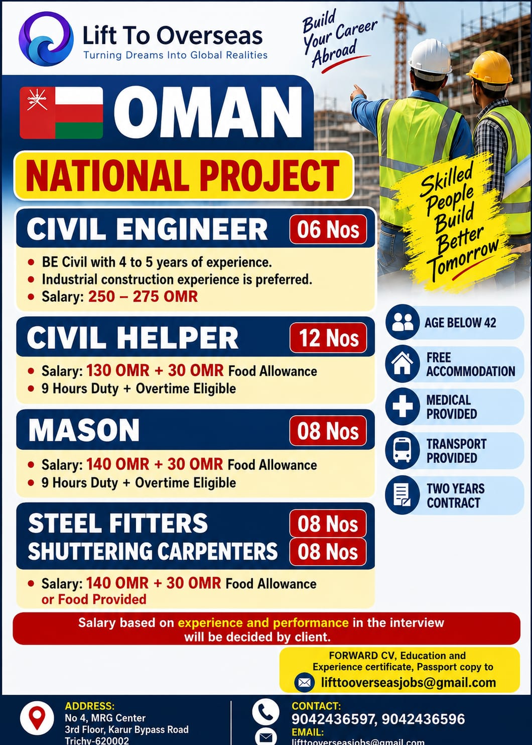 CIVIL ENGINEER, CIVIL HELPER , MASON, STEEL FITTERS, SHUTTERING CARPENTERS — Lift To Overseas, OMAN