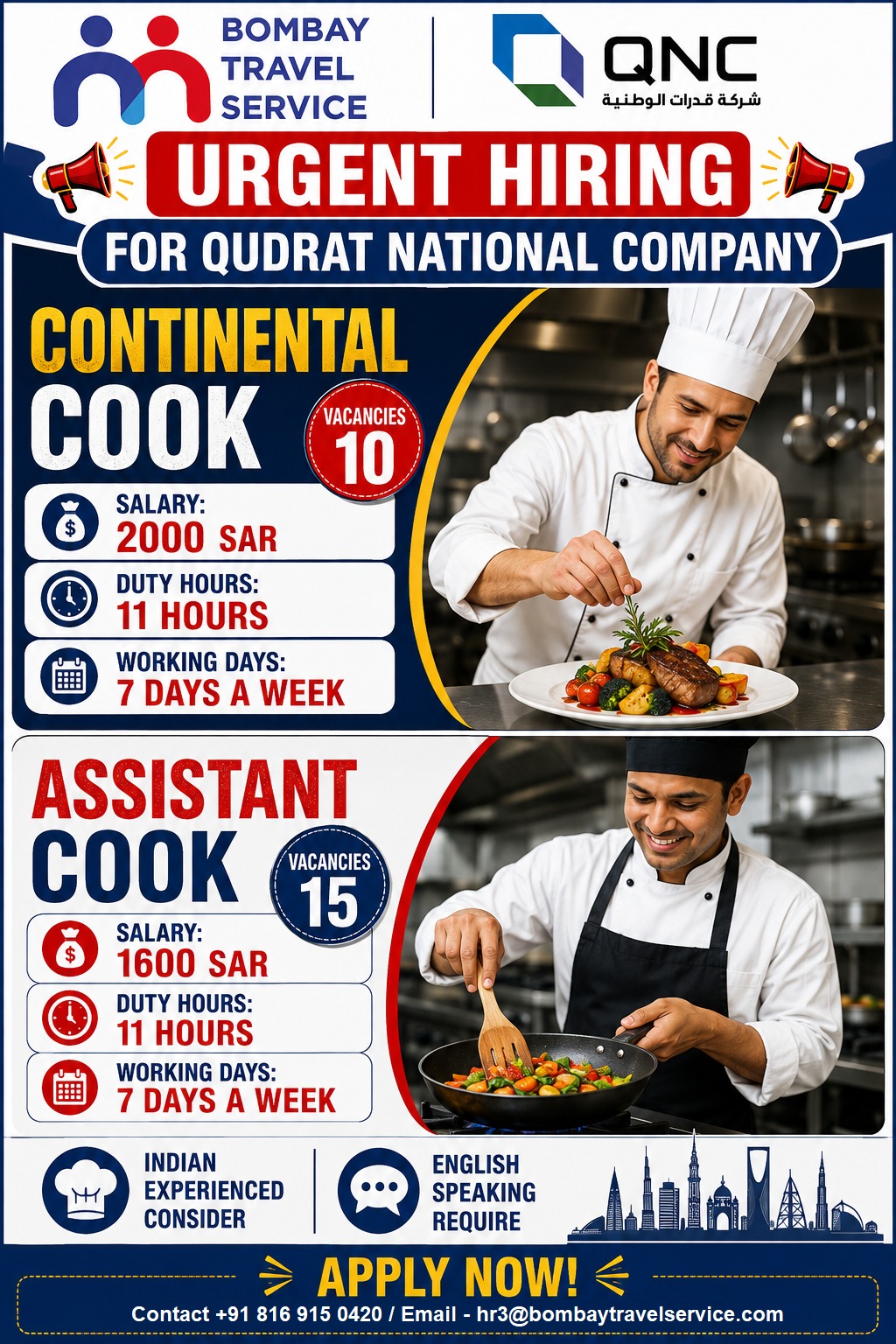 We are urgently hiring for ksa reputed co. in hospitality sector