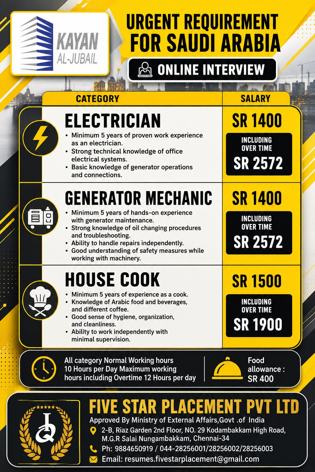ELECTRICIAN ,GENERATOR MECHANIC,HOUSE COOK FOR SAUDI ARABIA