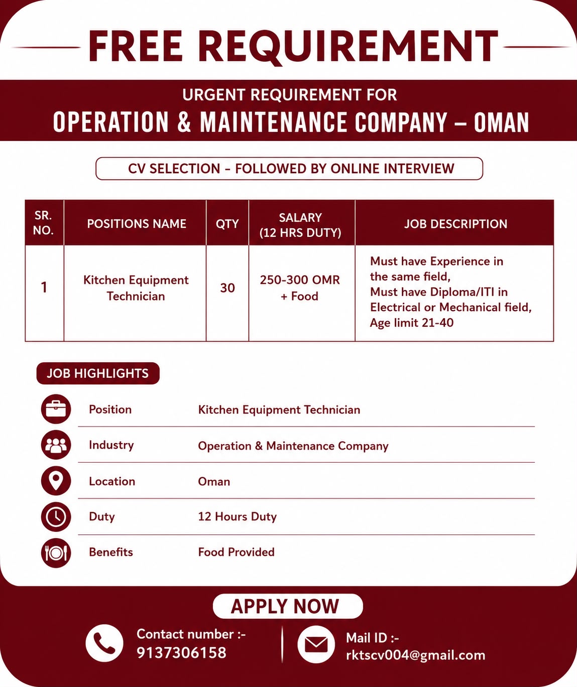 URGENT REQUIREMENT FOR OPERATION & MAINTENANCE COMPANY OMAN