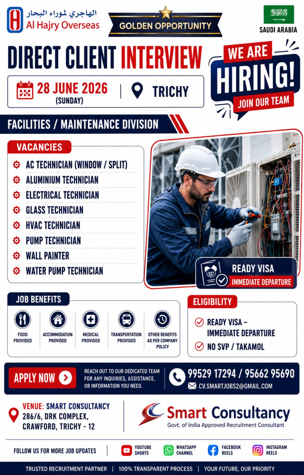 🔥 Saudi Arabia Jobs 2026 | Direct Client Interview in Trichy 🔥 — SMART CONSULTANCY, SAUDI ARABIA, SAUDI ARABIA