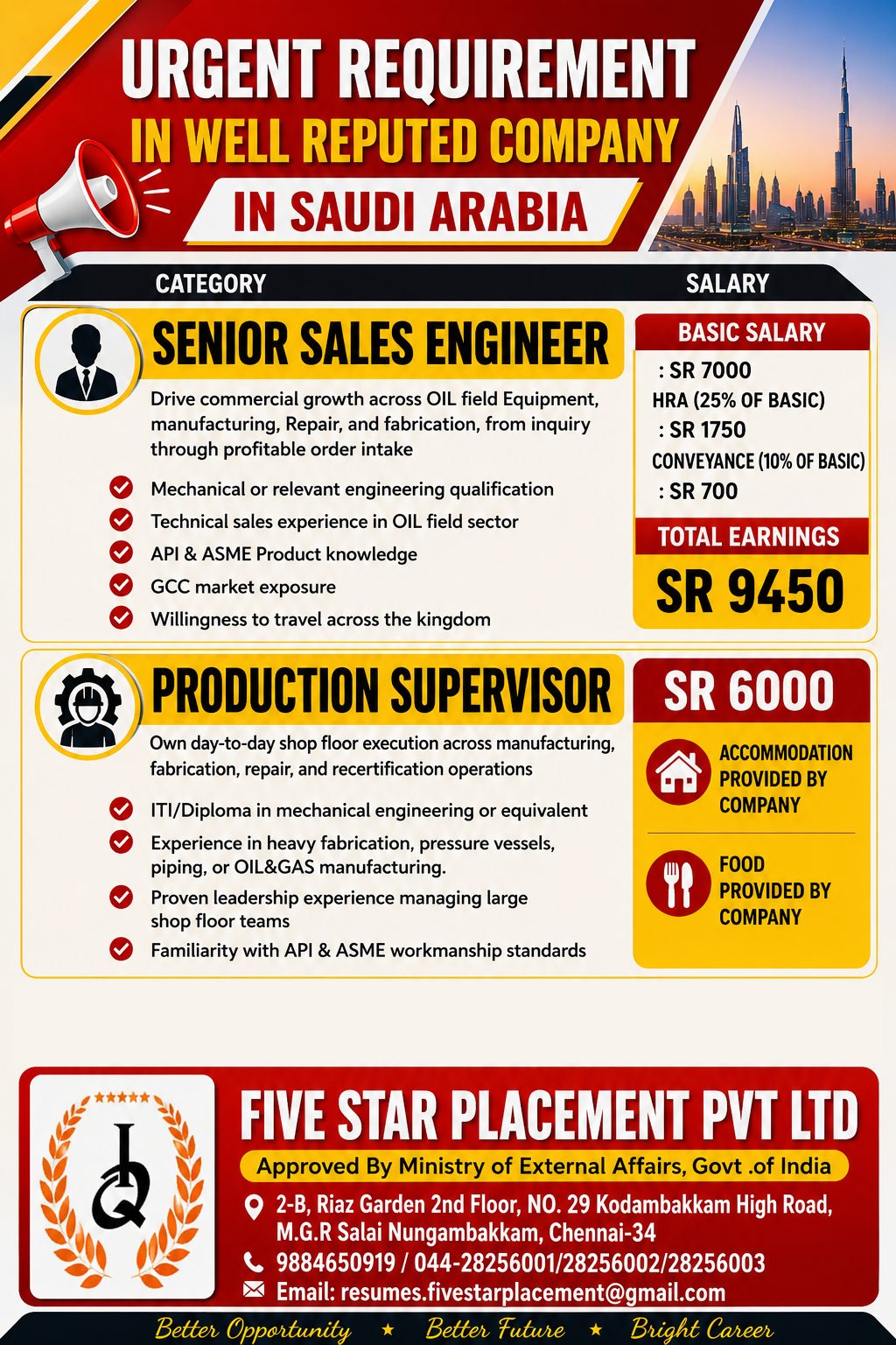 SALES ENGINEER ,PRODUCTION SUPERVISOR FOR KSA