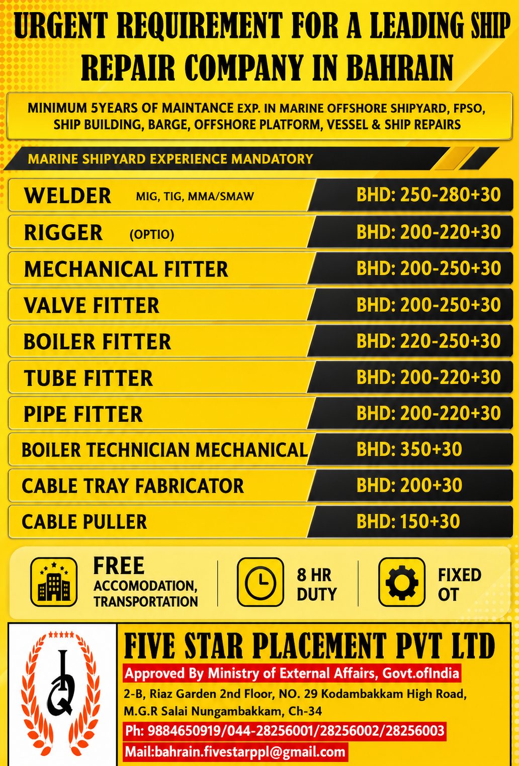 URGENT REQUIREMENT FOR A LEADING SHIP REPAIR  COMPANY IN BAHRAIN — Five Star Placement Pvt Ltd, BAHRAIN