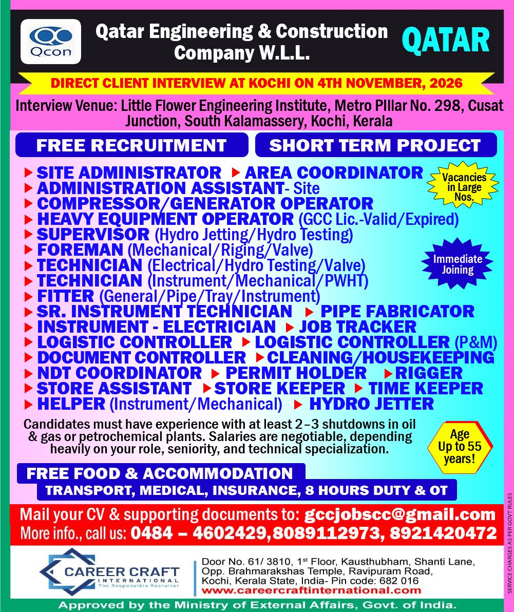 Qcon, Qatar conducts a direct client interview at Kochi on 4th November, 2026 –