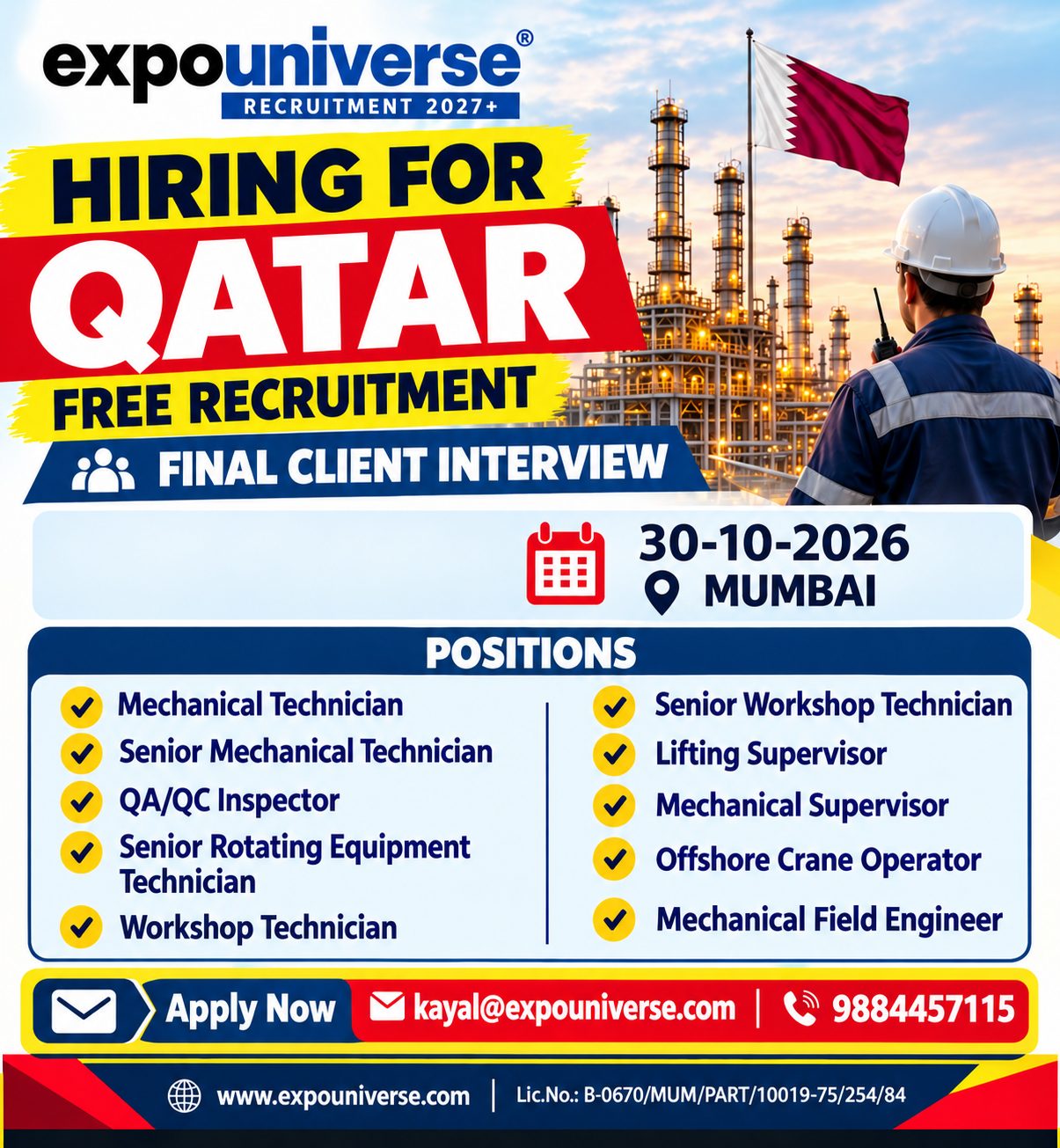 Urgent Hiring for Shutdown project Qatar — EXPO UNIVERSE, Qatar