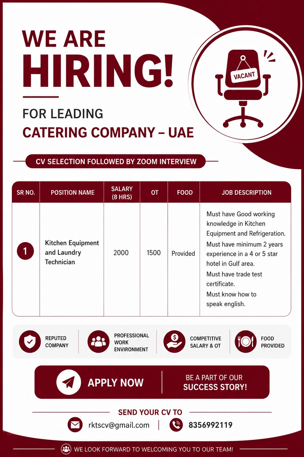 Kitchen Equipment and Laundry Technician — RK Travel Services, UAE