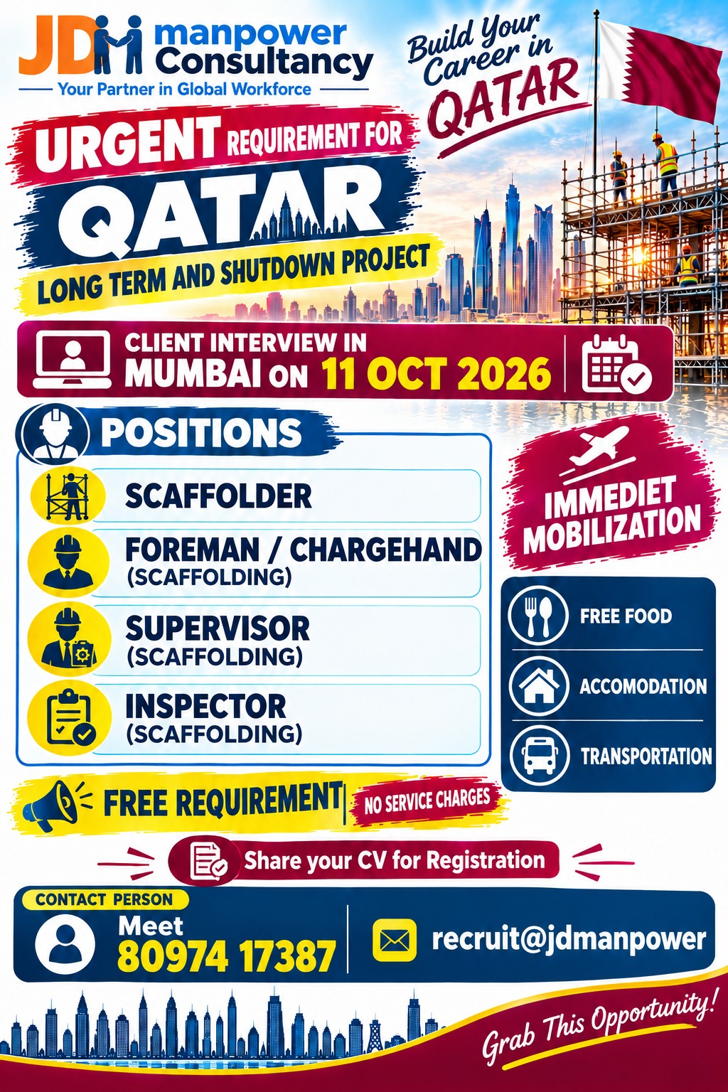 FREE REQUIREMENT FOR QATAR - SHUTDOWN AND LONG TERM PROJECT — JD Manpower Consultancy, QATAR, QATAR