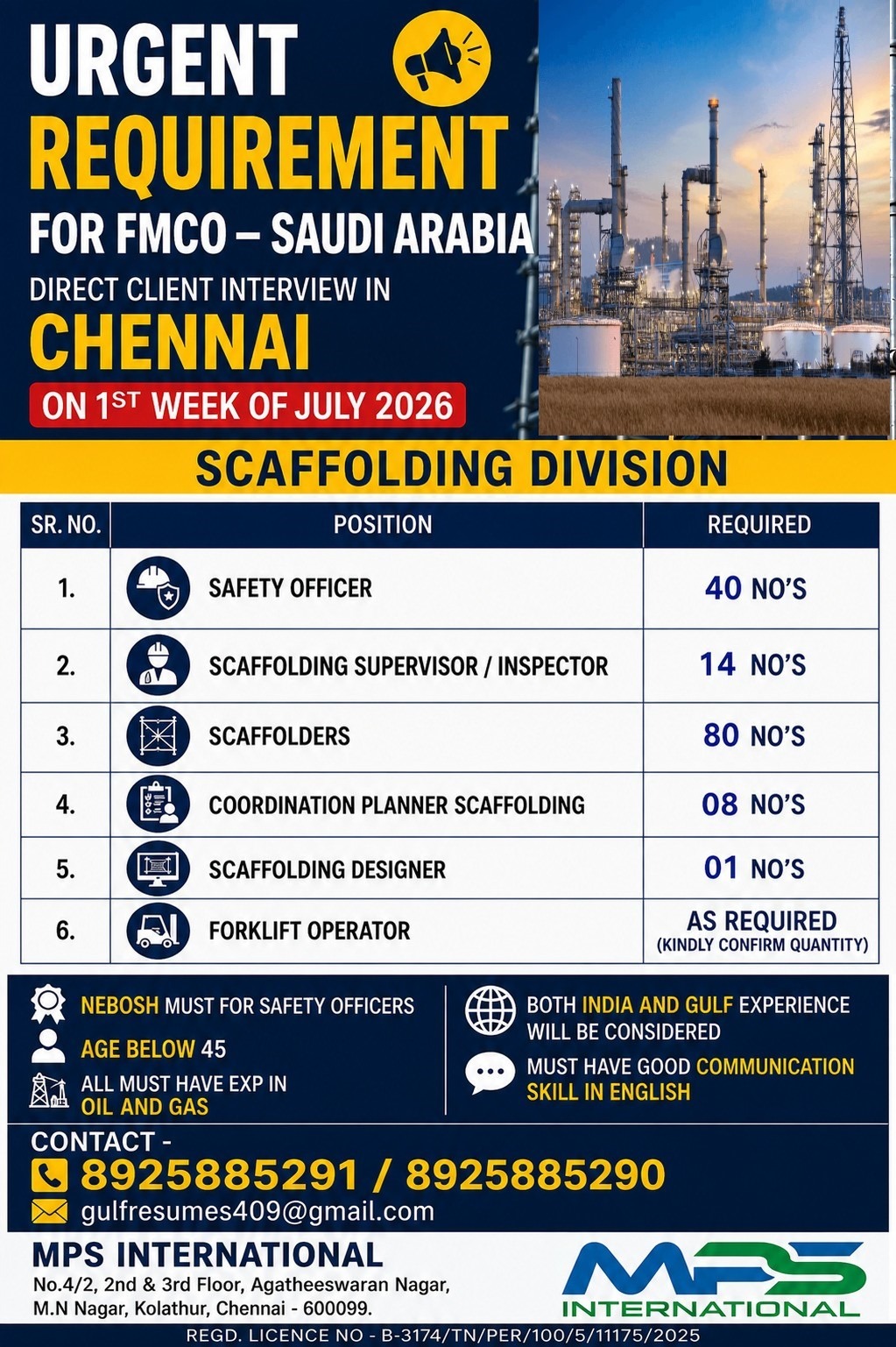 Urgent Requirement for FMCO – Saudi Arabia — MPS INTERNATIONAL, Saudi Arabia, Saudi Arabia