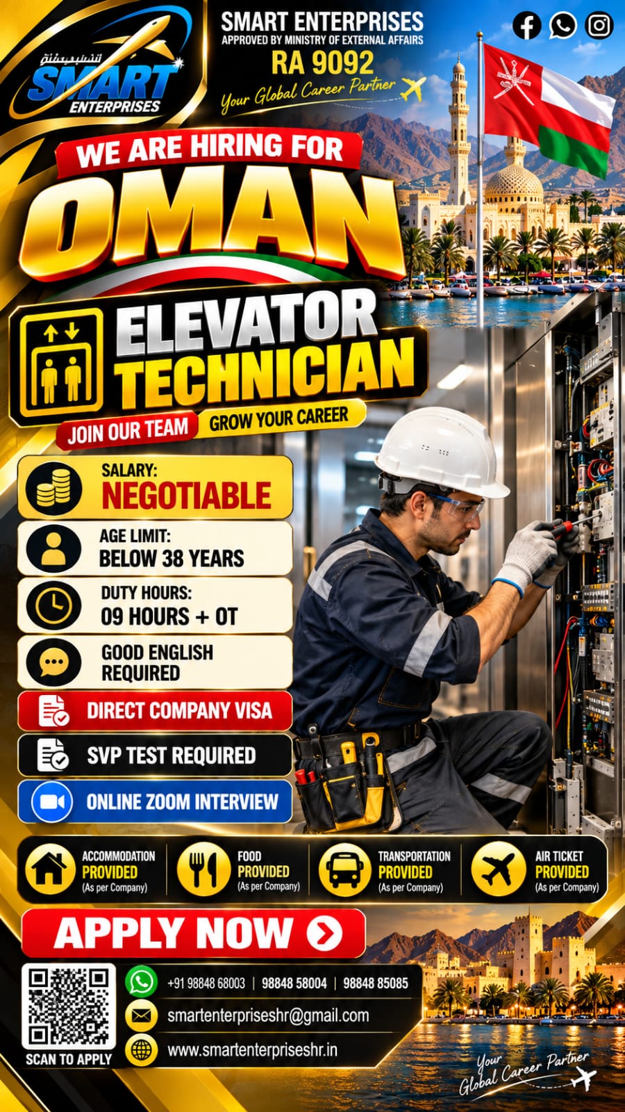 ELEVATOR TECHNICIAN OMAN — smartenterpriseshr@gmail.com, OMAN