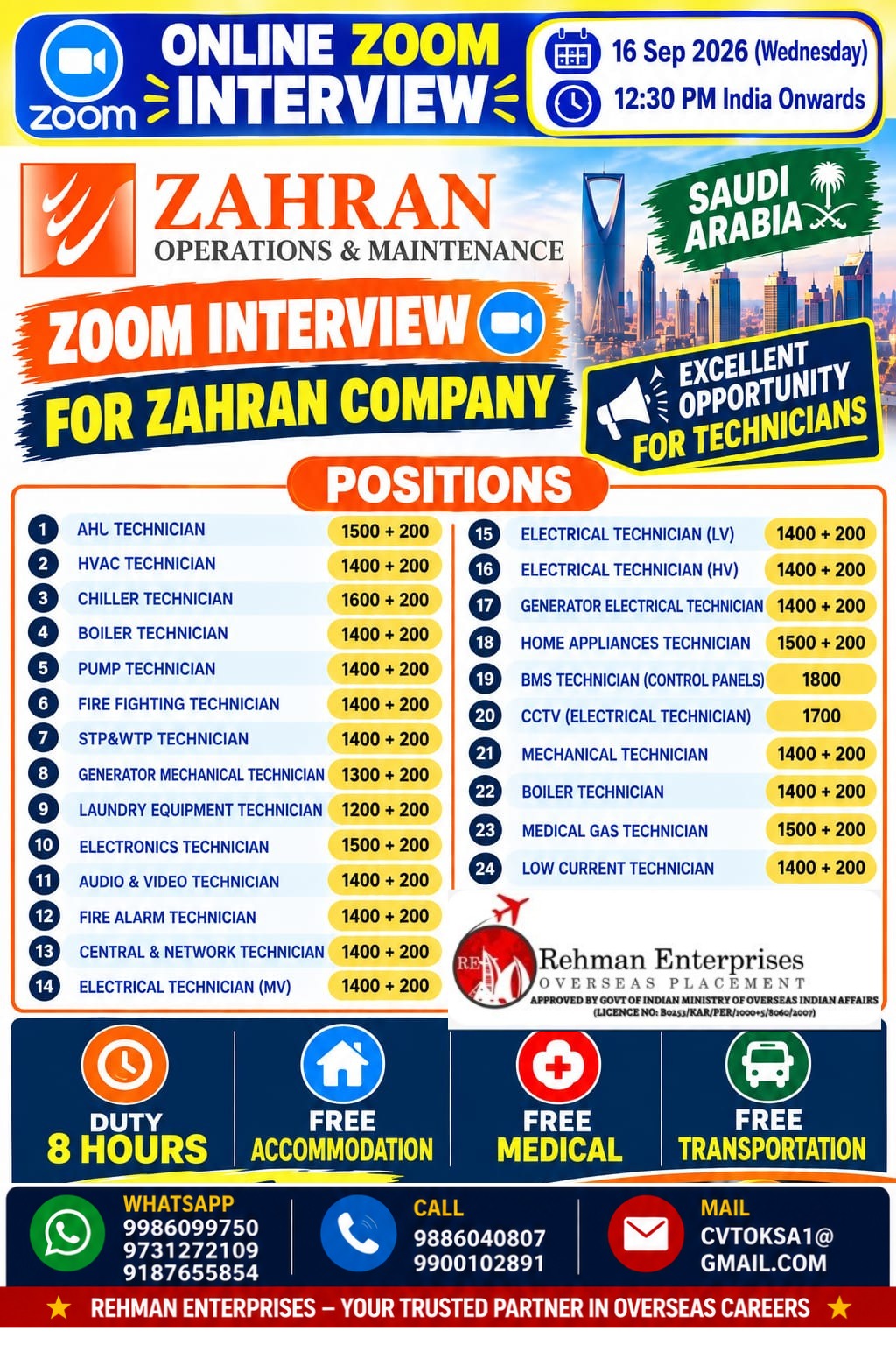 Zoom Interview for Zahran Company - Technician Positions — Rehman Enterprises, Saudi Arabia
