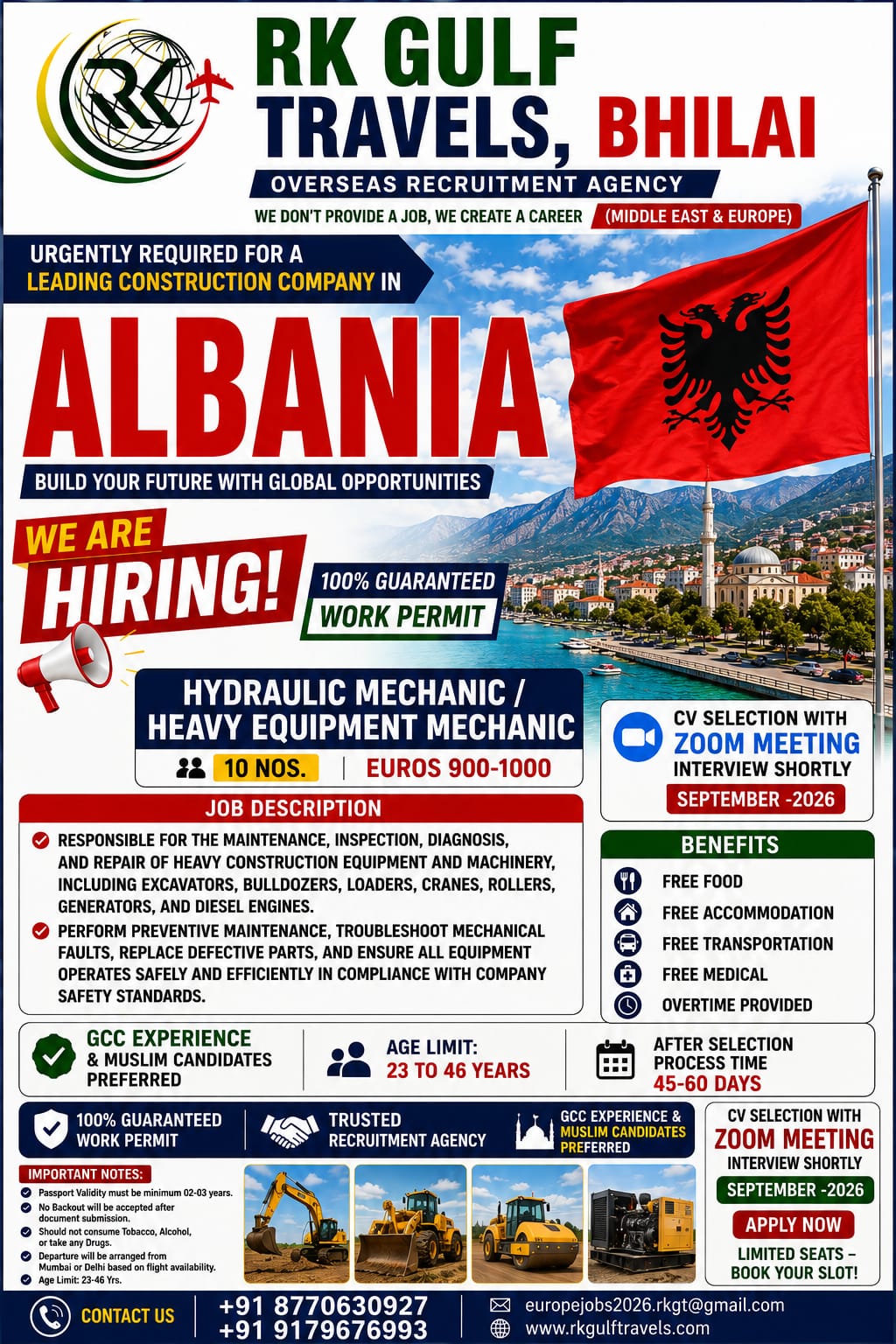 HIRING FOR A LEADING CONSTRUCTION COMPANY–ALBANIA (EUROPE). — RK GULF TRAVELS,BHILAI, ALBANIA, ALBANIA