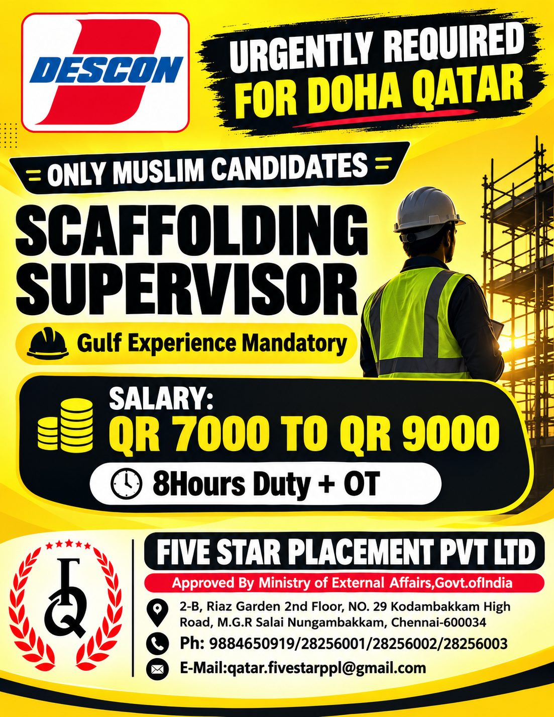 URGENT REQUIREMENTS FOR DOHA QATAR - DESCON — Five Star Placement Pvt Ltd, DOHA QATAR, DOHA QATAR
