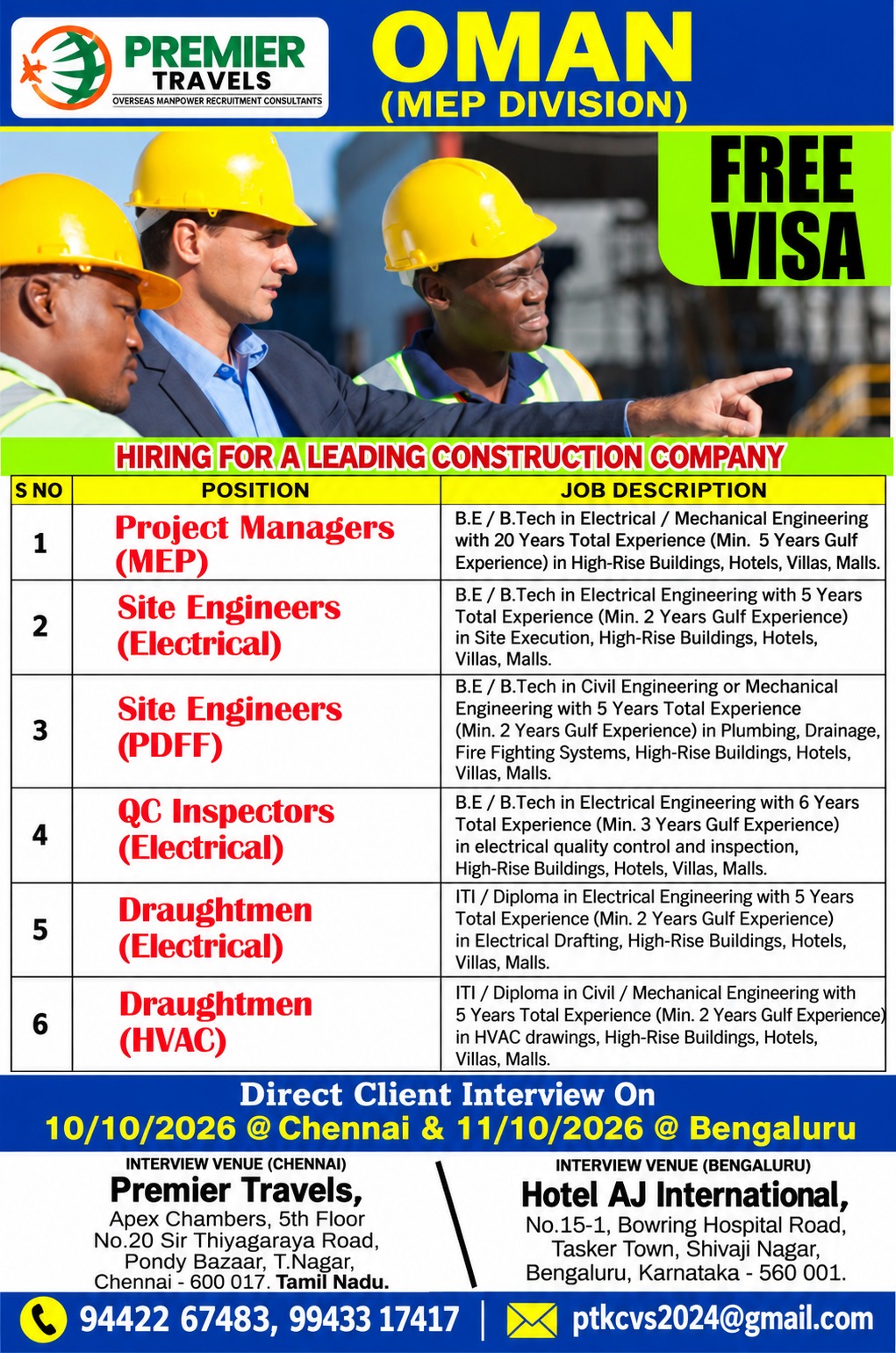 Project Manager, Site Engineer, QC Inspector, Draughtman — Premier Travels, Oman, Oman