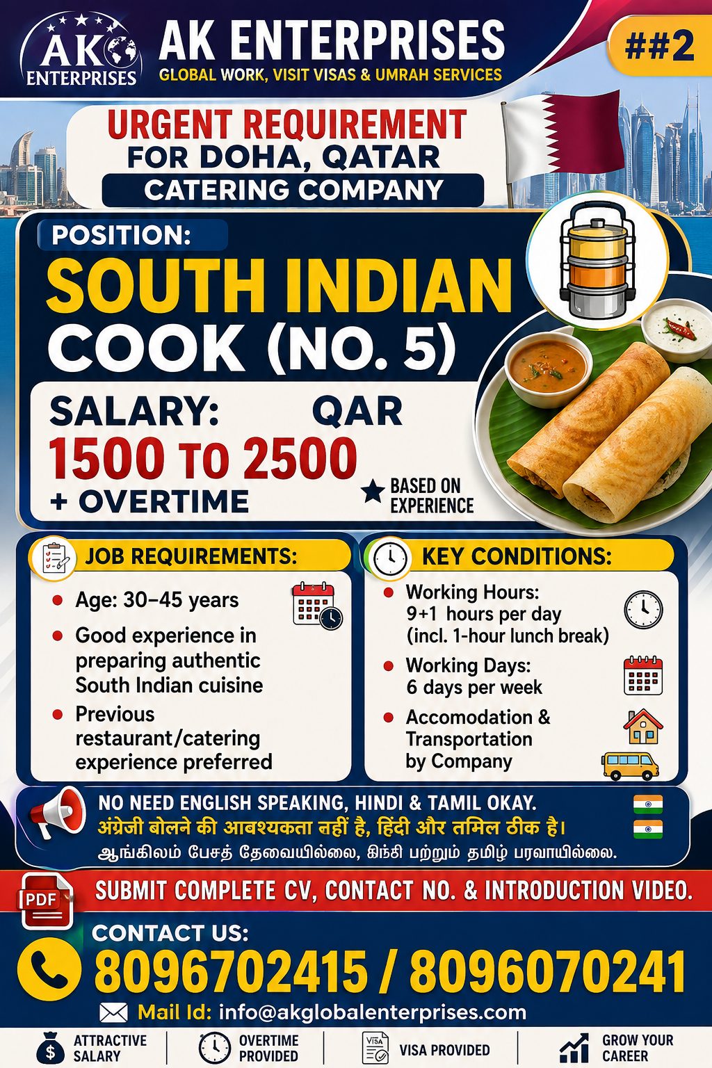 urgently Requirement for Doha & Qatar South Indian Cook