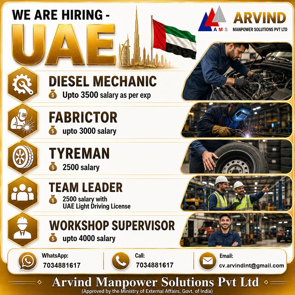 Diesel mechanic , Fabricator, Tyreman, Team  Leader, Workshop Supervisor — ARVIND MANPOWER SOLUTIONS PVT LTD, UAE,