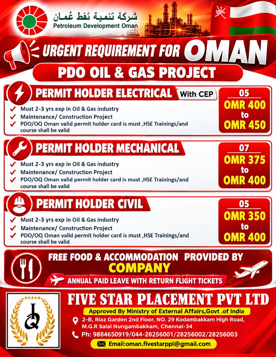 URGENT REQUIREMENT FOR OMAN - PDO project — Five Star Placement Pvt Ltd, OMAN, OMAN