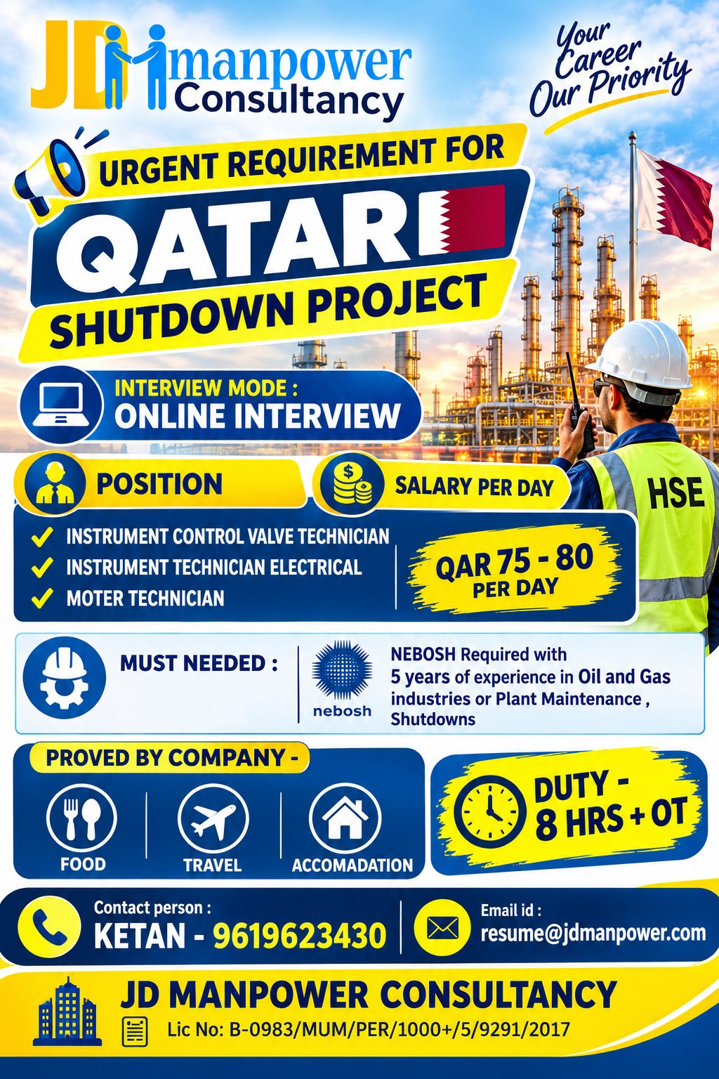 Urgent requirement for Qatar shutdown project. -QAFCO