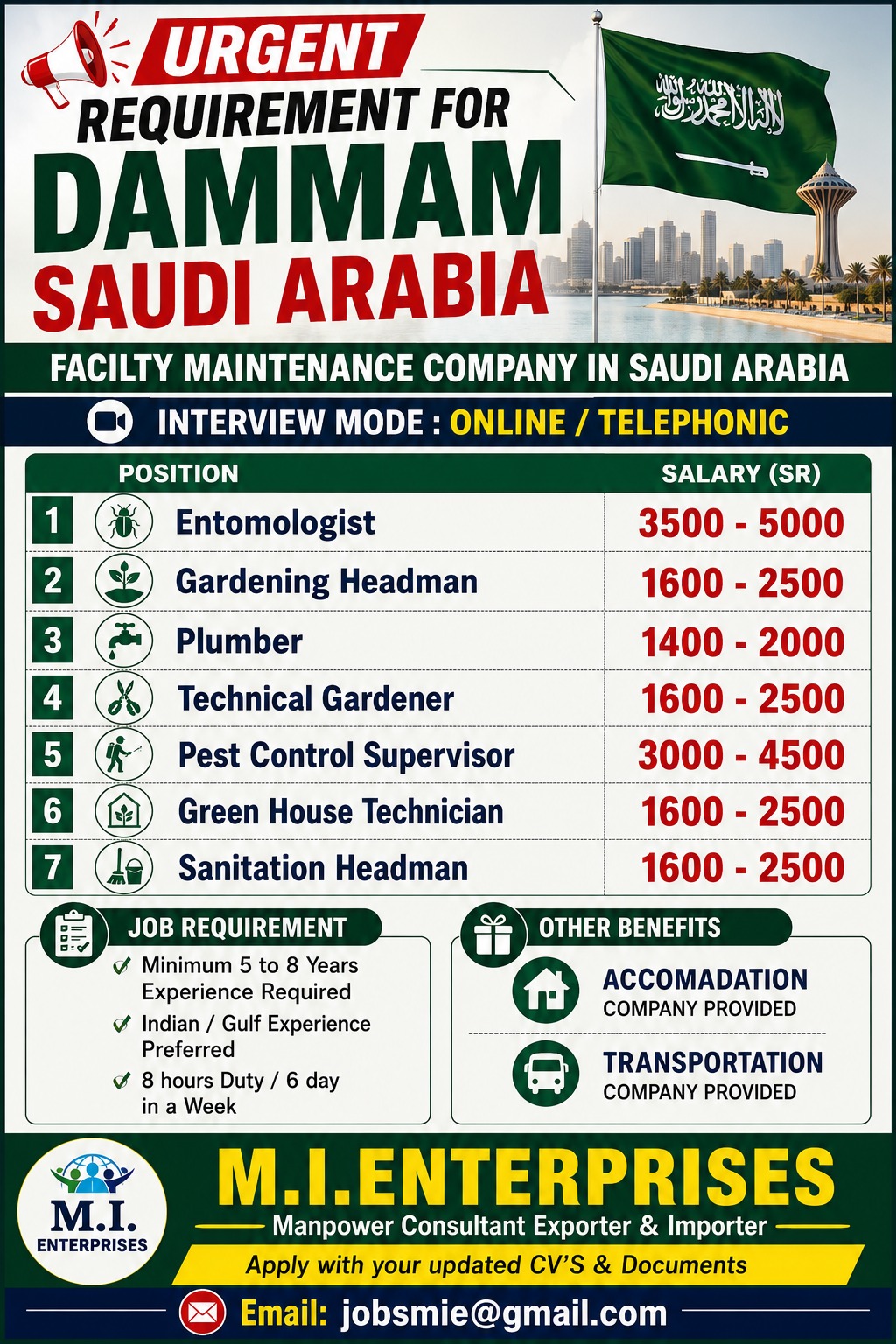 Urgent Requirement for Dammam Saudi Arabia