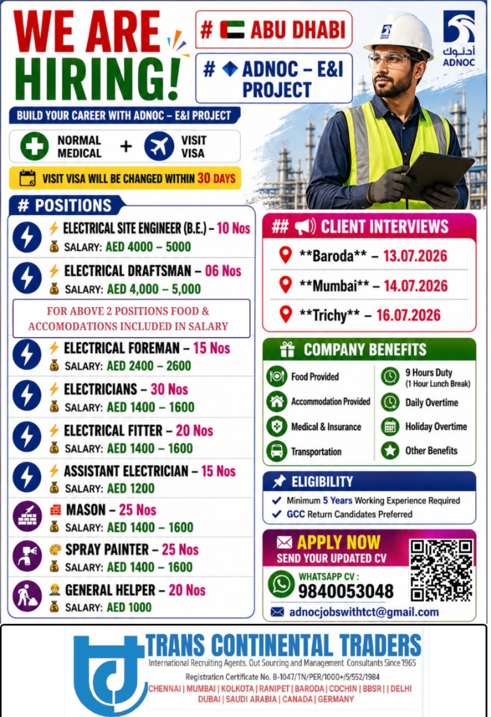 HIRING FOR ADNOC - E&I Project FINAL CLIENT INTERVIEWS IN THIS JULY 2026 CALL FOR MORE DETAILS 9791553048 — Trans Continental Traders, United Arab Emirates, United Arab Emirates
