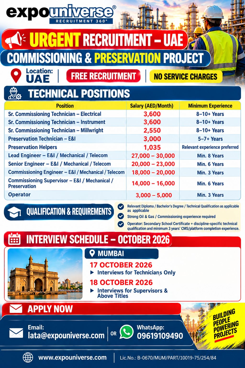 Urgent Recruitment - UAE - Commissioning Project
