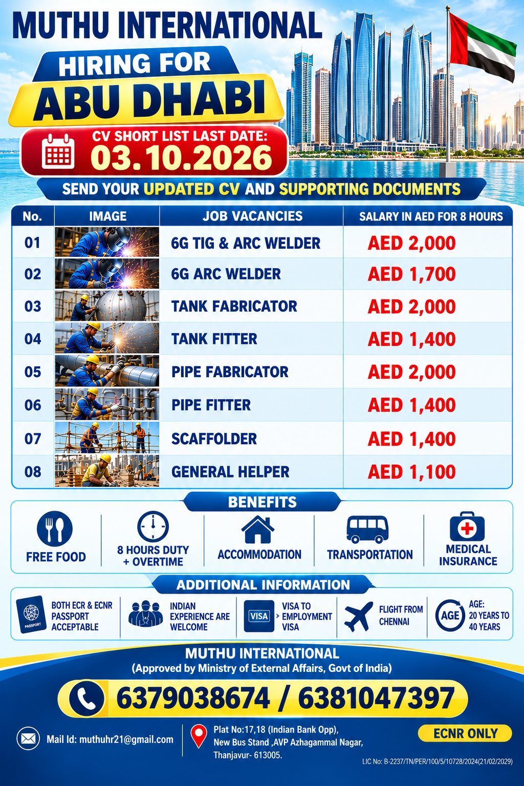 Multiple Job Vacancies in Abu Dhabi — MUTHU INTERNATIONAL, United Arab Emirates, United Arab Emirates