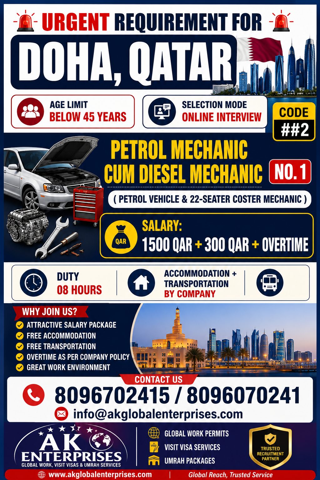 Urgently Hiring for Petrol Mechanic & Diesel Mechanic for Qatar Heavy