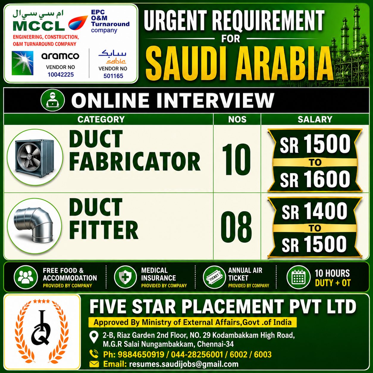 DUCT FABRICATOR,DUCT FITTER FOR KSA