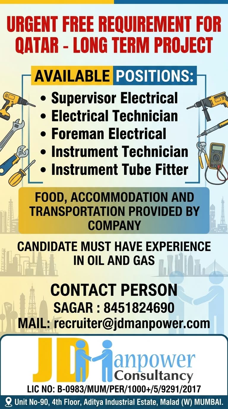 Free Requirement for Qatar - Long Term Project — JD Manpower Consultancy, Qatar, Qatar