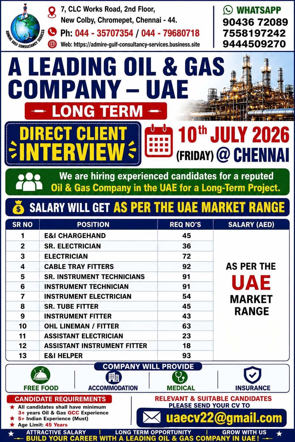 A LEADING OIL & GAS COMPANY - UAE -LONG TERM . DIRECT CLIENT INTERVIEW ON 10th JULY 2026 @ CHENNAI — admire gulf consultancy services, UAE, UAE