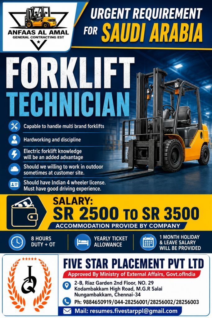 URGENT REQUIREMENT FOR  FORKLIFT TECHNICIAN IN SAUDI ARABIA
