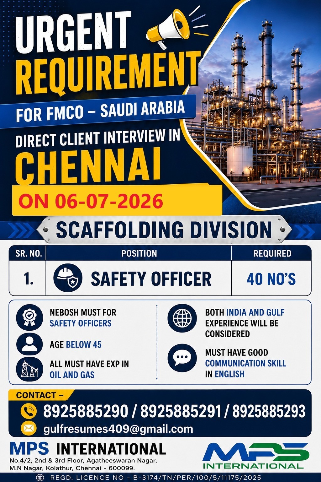 Urgent Requirement for FMCO - Saudi Arabia — MPS INTERNATIONAL, Saudi Arabia, Saudi Arabia
