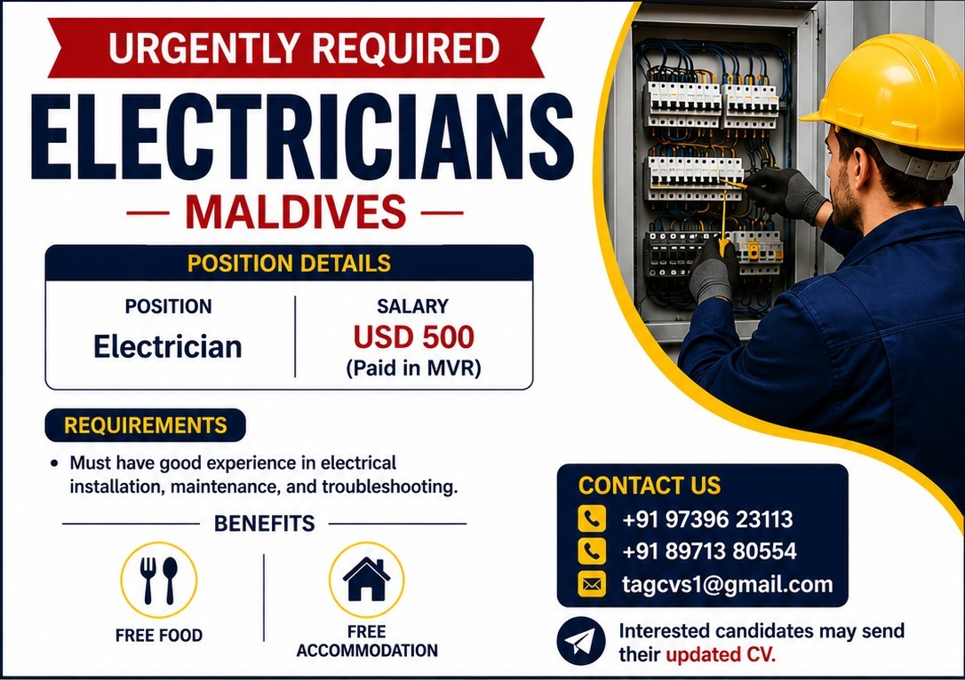 Urgently Required – Electricians – Maldives