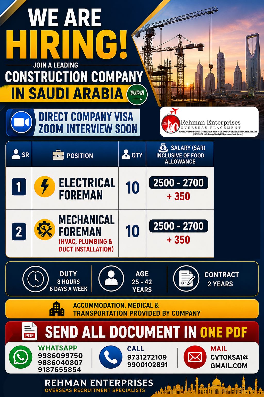 Construction Company Hiring - Foreman Positions — Rehman Enterprises, Saudi Arabia, Saudi Arabia