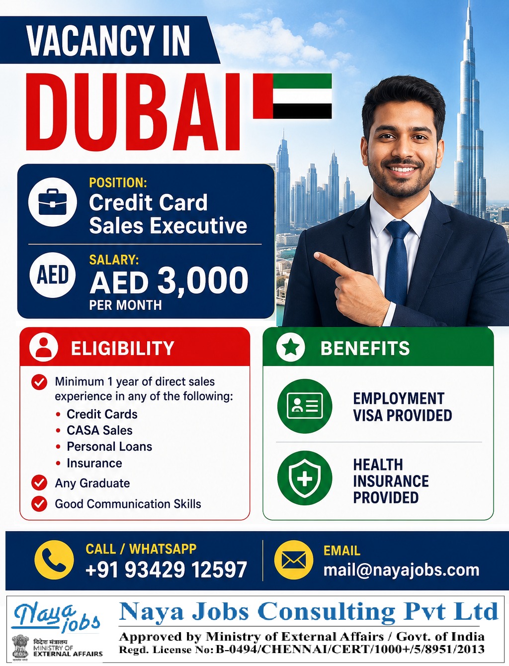 Vacancy in Dubai – Credit Card Sales Executive — Naya Jobs Consulting Pvt Ltd, India, India