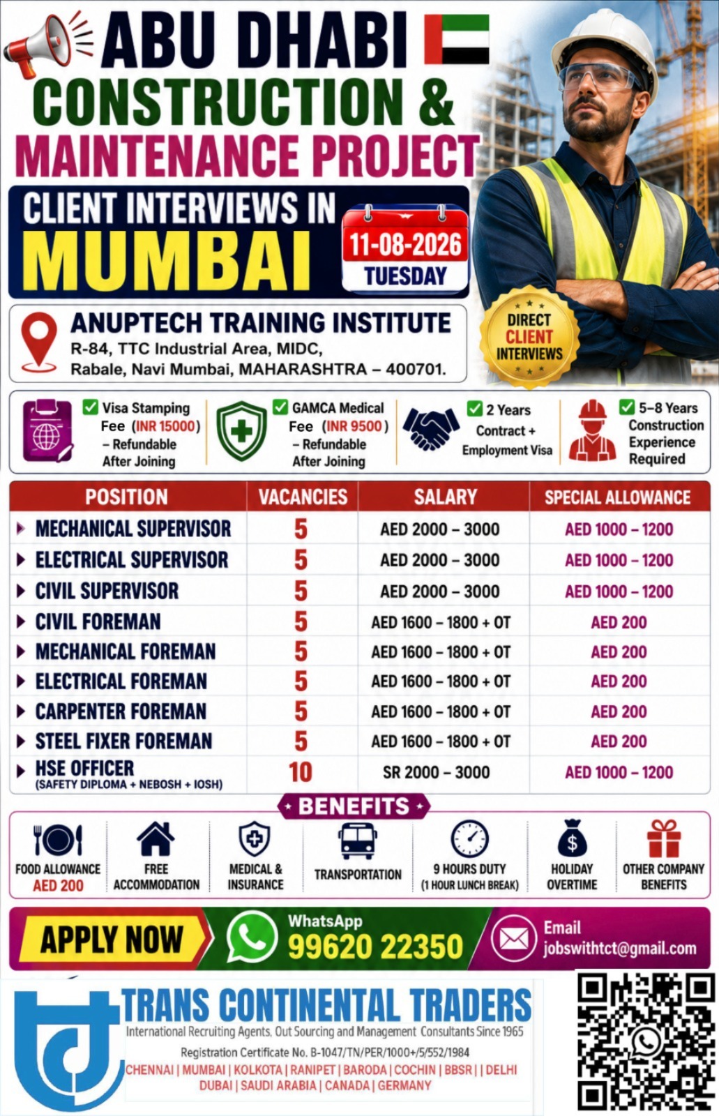 Abu Dhabi Construction & Maintenance Project. Client Interviews In Mumbai 11-08-2026 Anuptech Rabale Call for more Details 9791553048