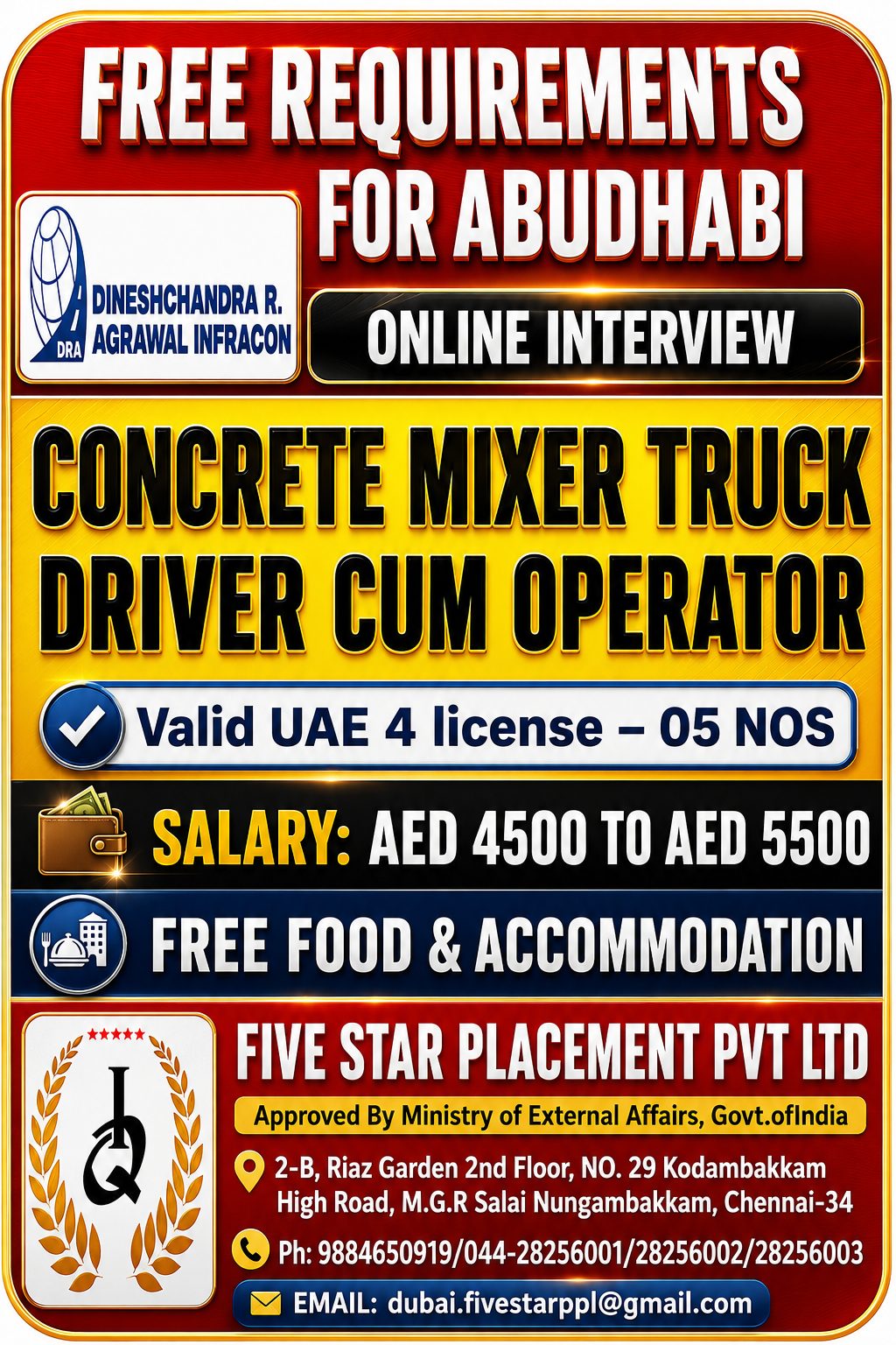 FREE REQUIREMENT FOR UAE — Five Star Placement Pvt Ltd, UAE, UAE