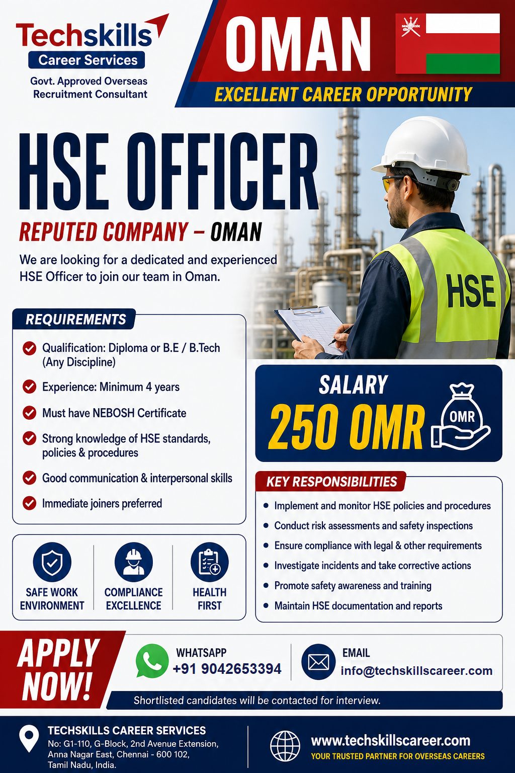 OMAN : Urgent Requirements - HSE Officer — TECHSKILLS CAREER SERVICES, Oman, Oman